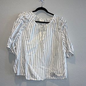 Caballero 2X. Linen and cotton black and white 3/4 sleeve with tie neck